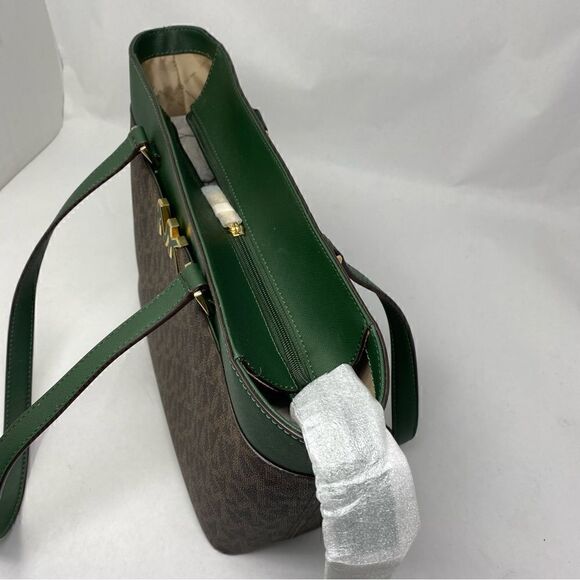 Michael KORS Monogram Florence Tote Bag Green and Brown - Picture 2 of 4